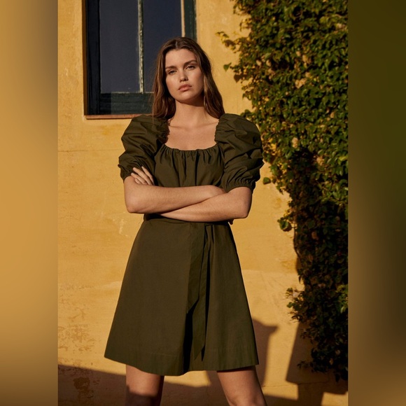 MANGO Khaki Cotton Poplin Off-Shoulder Dress with Puff Sleeves - Picture 11 of 11